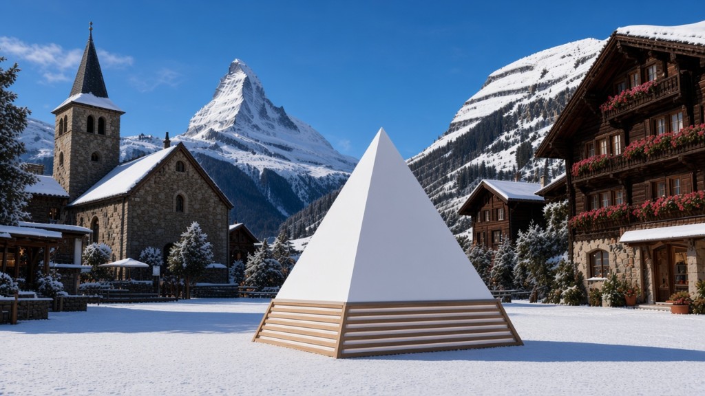 Weisse Pyramide auf dem verschneiten Platz. Matterhorn dahinter, Kirche links, Holzhäuser rechts. Unten das Holz.